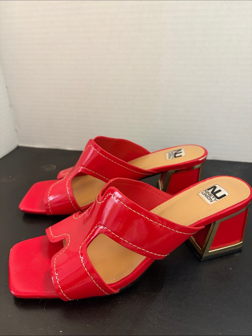 Ninety Union Res Patent Leather Block Heel Slide Sandals, Size 8